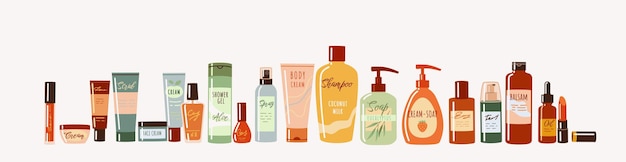 Produits cosmétiques avec des éléments naturels Objets de dessins animés 2D