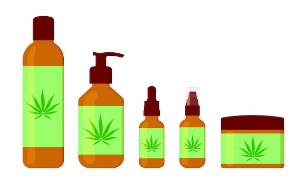 Vecteur produits cosmétiques à l'huile de cbd dans différentes bouteilles cosmétique de chanvre naturel pour la peau et les cheveux