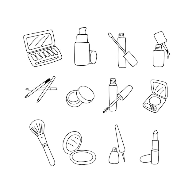 Produits cosmétiques de maquillage, croquis sur fond blanc. Illustration vectorielle