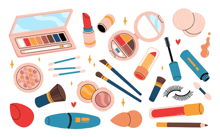 Vecteur produits cosmétiques pour femmes set d'icônes de beauté de cosmétiques vectoriels set de mascara de rouge à lèvres ombres pour les yeux brush concealer brillant pour les lèvres éponge style de dessin à la main à la mode tous les éléments sont isolés