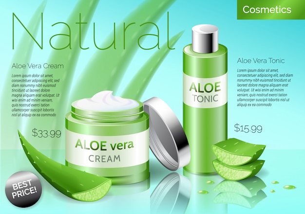 Vecteur produits cosmétiques réalistes à l'aloe vera, bouteille de tonique et de crème