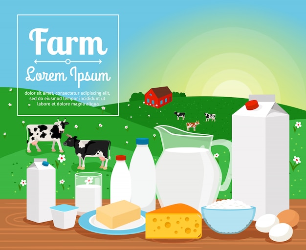 Vecteur produits laitiers de la ferme laitière sur le paysage rural