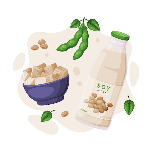 Produits naturels du soja avec tofu et lait dans une composition vectorielle en bouteille
