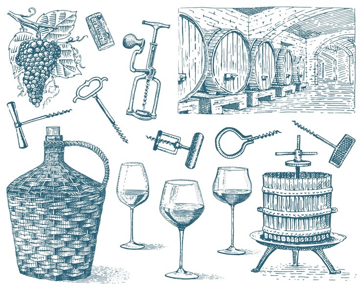 Vecteur produits de la récolte du vin presser les raisins vignobles tire-bouchons verres bouteilles dans un style vintage gravé à la main