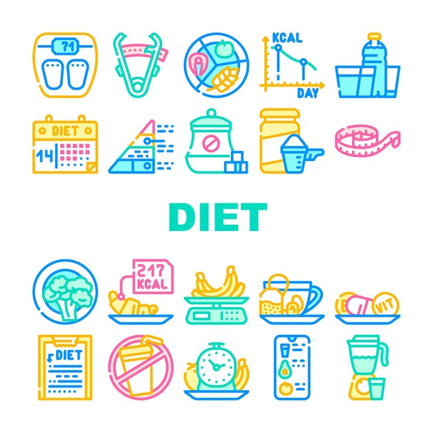 Vecteur produits de régime et icônes de collection d'outils ensemble régime végétarien vectoriel et description graisse brûlante thé et smoothie boisson compteur flexible et pied à coulisse concept pictogrammes linéaires illustrations de contour