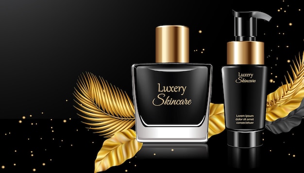 Produits de soin de peau de luxe 3D dorés et noirs avec maquette de produit cosmétique