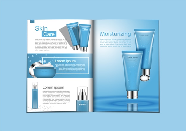 Produits de soins de la peau avec un modèle sur le magazine bleu et blanc