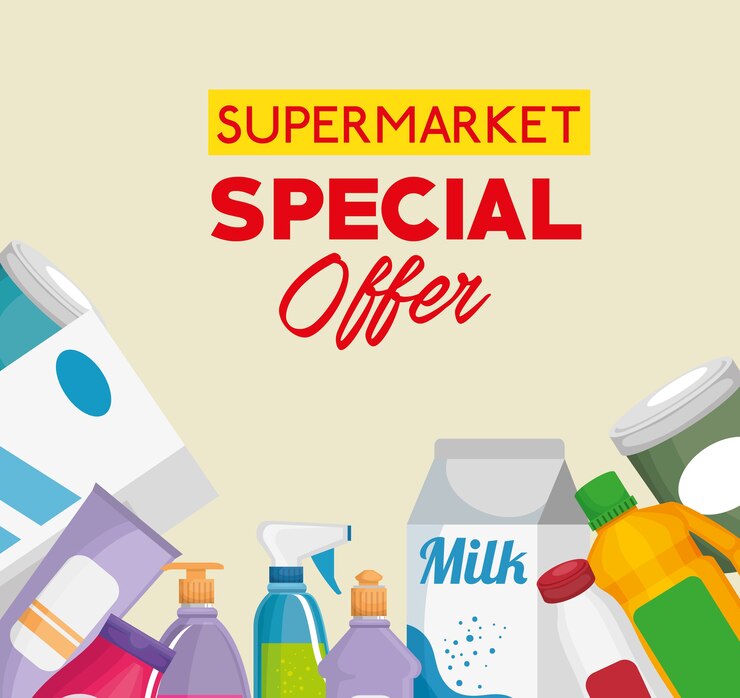 Vecteur produits de supermarché avec offre spéciale