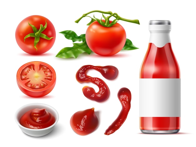 Vecteur produits de tomates réalistes différents légumes naturels 3d gouttes de sauce et frottements ketchup ou bouteille de jus fruits entiers sur brindille avec feuilles et ingrédients de cuisson à moitié ensemble isolé vecteur