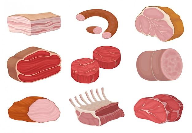 Produits De Viande Et Morceaux De Viande Crue. Illustration.