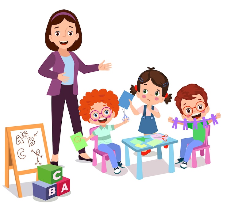 Vecteur professeur de classe et étudiants mignons