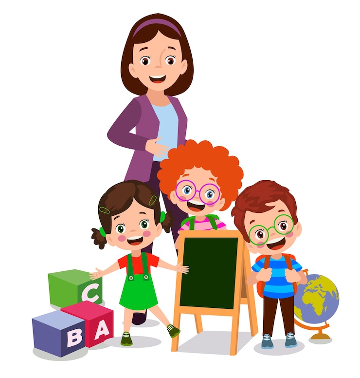 Vecteur professeur de classe et étudiants mignons