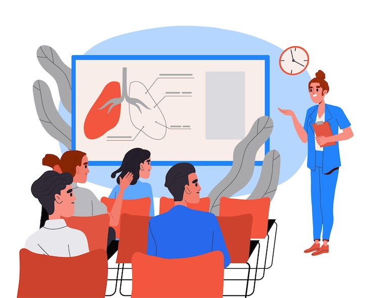 Vecteur un professeur d'un collège de médecine ou d'une université donne une conférence d'anatomie aux étudiants.