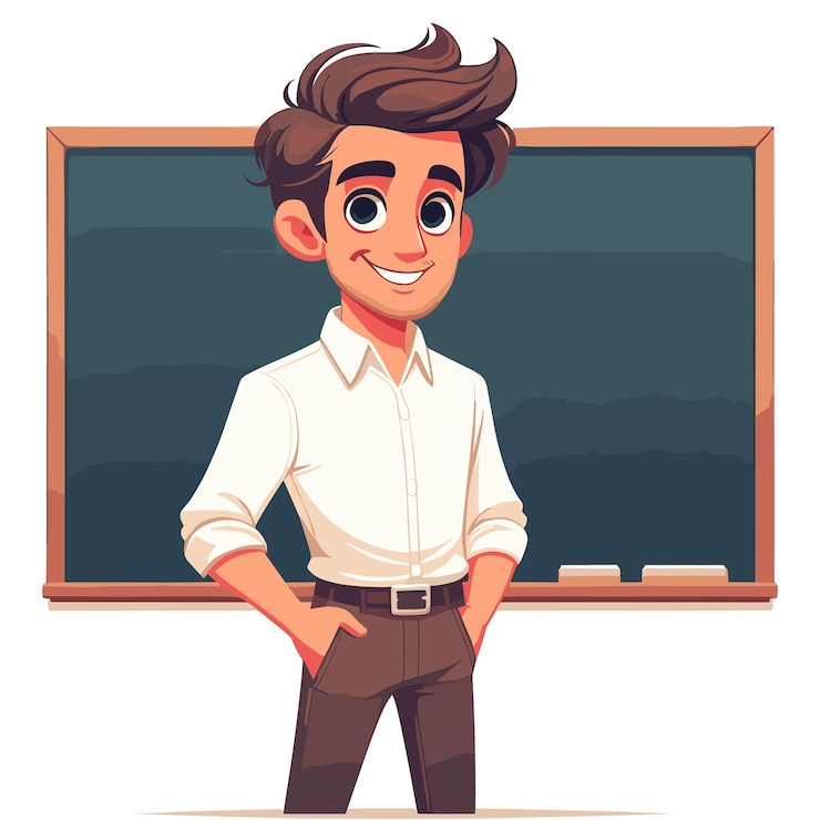 Vecteur un professeur de dessins animés amical et accessible debout avec confiance devant un tableau noir