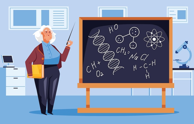 Vecteur professeur enseignant scientifique debout près du tableau noir et concept d'enseignement