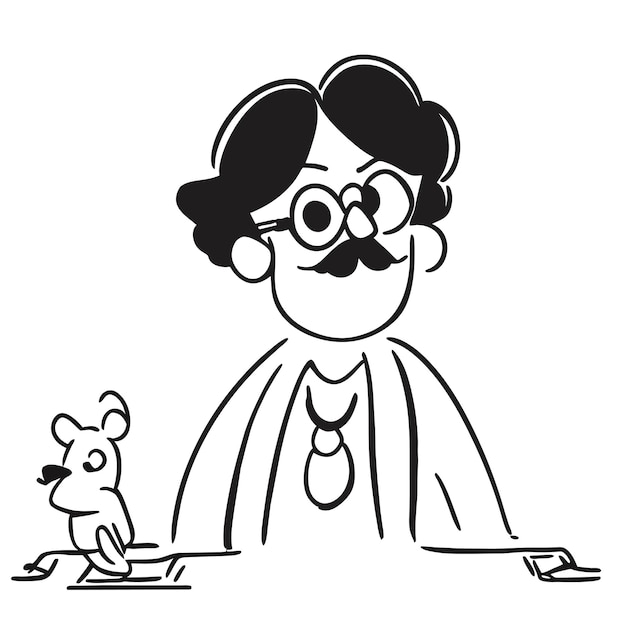 Professeur médecin vieil homme avec des lunettes dessin animé dessiné à la main autocollant icône concept illustration isolée