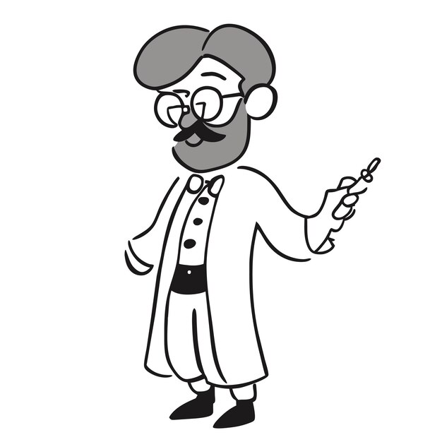 Professeur médecin vieil homme avec des lunettes dessin animé dessiné à la main autocollant icône concept illustration isolée