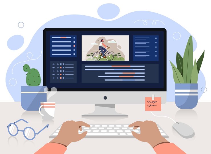 Vecteur profession d'animateur graphique ou d'éditeur personne travaillant sur ordinateur dans un programme spécial pour le mouvement