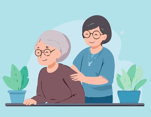 Professionnels de la santé qui fournissent un soutien doux Patient âgé Vector Jeune infirmière médicale