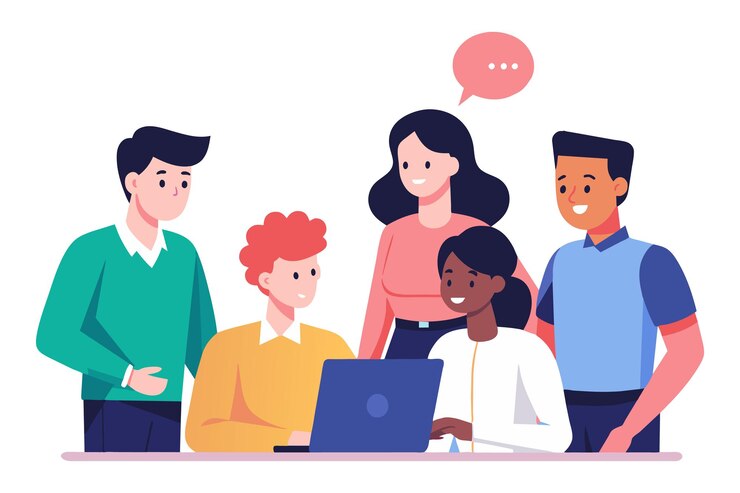 Vecteur des professionnels de la technologie masculins ont une discussion avec une fille illustration vectorielle plate