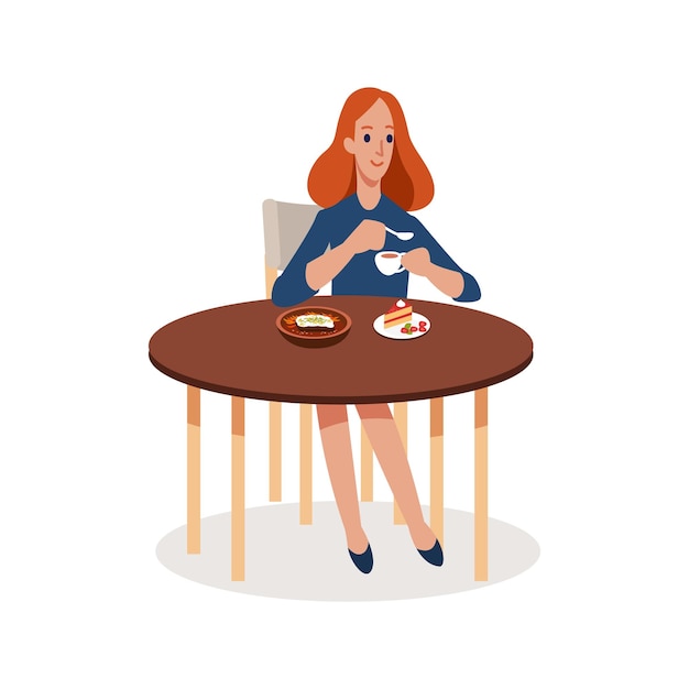 Profil De Pleine Longueur Tiré D'une Femme Buvant Du Café à Une Table Isolée Sur Fond Blanc Femme Visitant Un Café Faisant Une Commande Illustration Vectorielle Plane