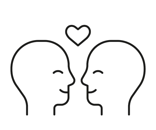 Profil De Tête De Personnes De Couple Avec L'icône De Ligne De Coeur D'amour. Relation. Deux Amants Se Regardent