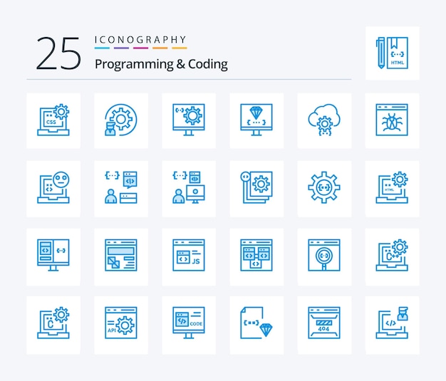 Programmation et codage 25 pack d'icônes de couleur bleue comprenant le développement de la programmation de processus cloud