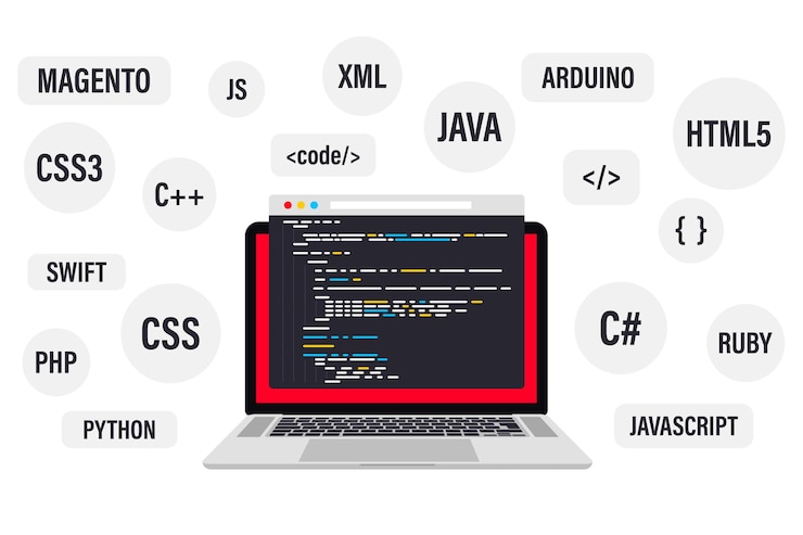 Vecteur programmation et codage sur ordinateur portable. meilleurs langages de programmation, bannière web plate. codage, test, débogage de logiciels. développement d'applications, création. langage de programmation et code de programme à l'écran
