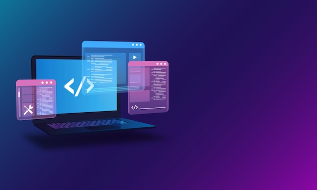 Vecteur programmation de développement web et test de code concept d'interface utilisateur avec ordinateur portable affichant un code futuriste