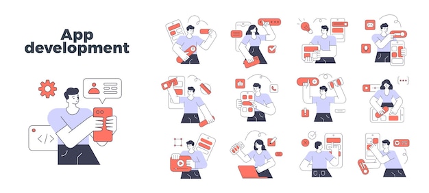 Programmation numérique smartphone développement d'applications conception d'interface utilisateur ensemble vecteur plat