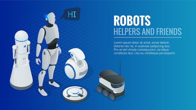 Programmation de robots de concept isométrique. Robots assistants et amis. Concept futur vecteur Illustration