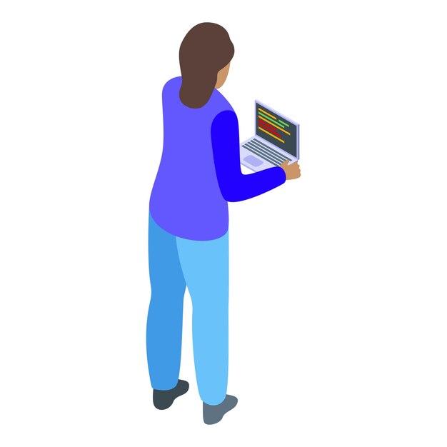 Programmatrice debout et codant à l'aide d'un ordinateur portable vue isométrique
