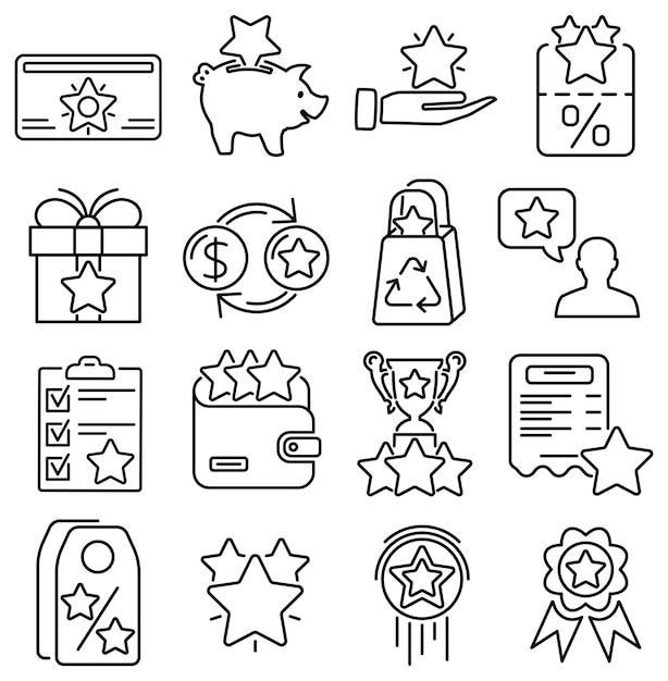 Programme de fidélité Icons de ligne Set Récompenses aux clients avec des bonus Coupons de réduction de promotion de cadeau