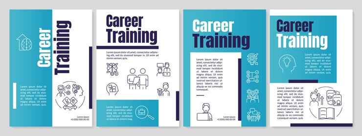Vecteur programmes de formation professionnelle modèle de brochure cyan choisissez un domaine de carrière souhaitable conception de dépliants avec des icônes linéaires 4 mises en page vectorielles pour la présentation des rapports annuels anton lato polices régulières utilisées