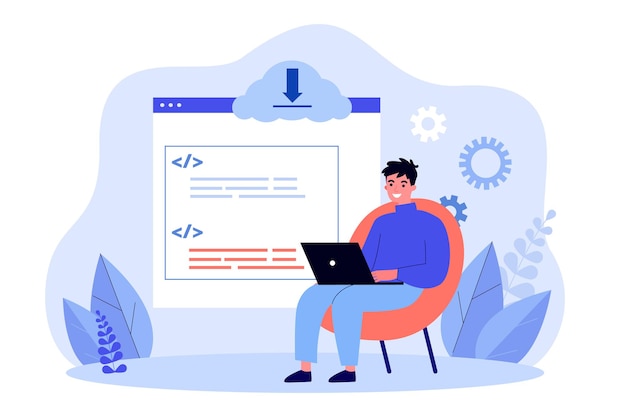 Programmeur ou développeur avec ordinateur portable créant une application ou un site Web. Mise à jour du système, codage ou programmation d'une illustration vectorielle plane. Technologie, concept de développement logiciel pour bannière ou page Web de destination