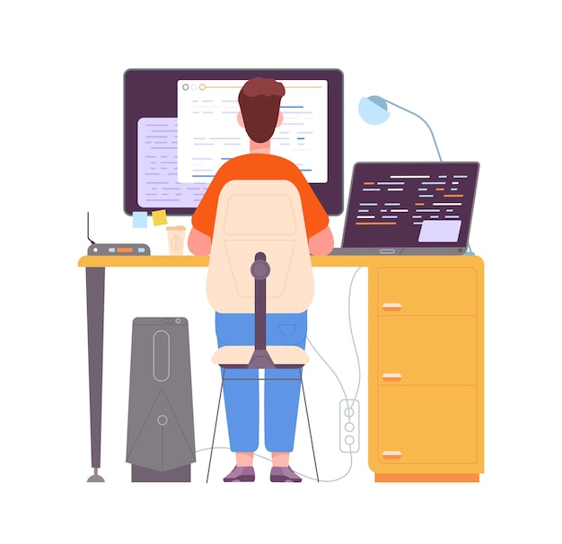 Vecteur programmeur écrivant du code développeur de logiciels de travail au bureau d'ordinateur avec moniteur et ordinateur portable ingénieur programme poste de travail travail professionnel css java codeur pc splendide illustration vectorielle