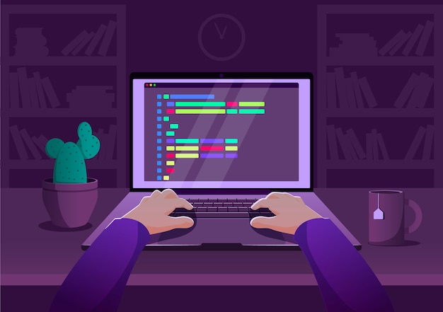 Programmeur homme travaillant sur ordinateur avec code à l'écran illustration. Programmeur travaillant l'écriture de code.