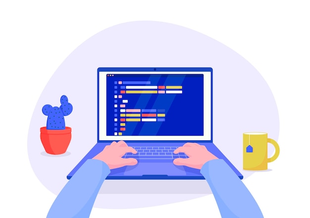 Vecteur programmeur homme travaillant sur ordinateur avec code sur l'illustration de l'écran. code d'écriture de travail de programmeur