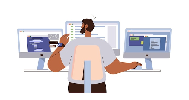Programmeur indépendant travaillant sur l'illustration vectorielle de l'espace de travail de l'ordinateur multi-écrans