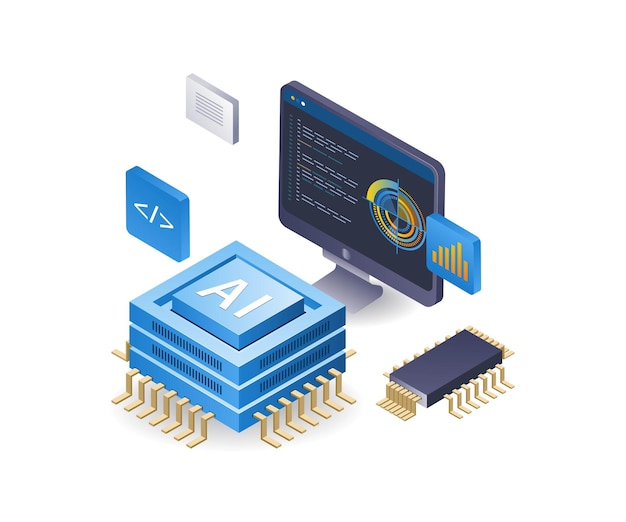 programmeur informatique avec intelligence artificielle produit illustration 3D isométrique plate