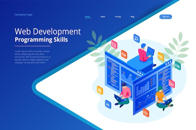 Programmeur isométrique codant un nouveau projet. Développement Web et compétences en programmation pour le site Web. Équipe d'ingénieurs du projet d'illustration de bannière WEB pour site Web, PHP, HTML, CSS, Js.
