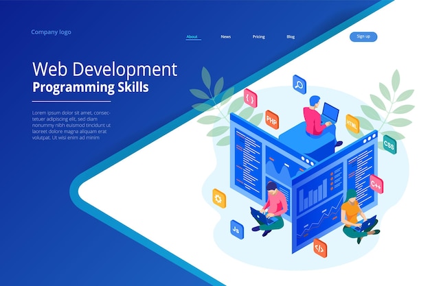 Programmeur Isométrique Codant Un Nouveau Projet. Développement Web Et Compétences En Programmation Pour Le Site Web. équipe D'ingénieurs Du Projet D'illustration De Bannière Web Pour Site Web, Php, Html, Css, Js.