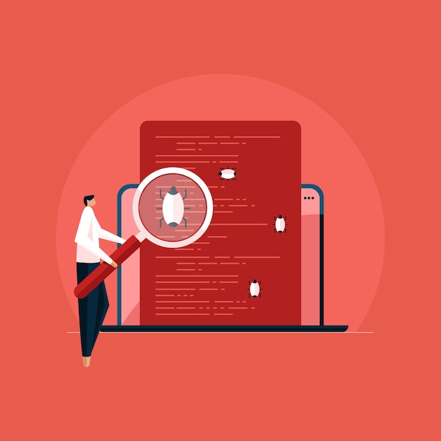 Vecteur programmeur avec loupe à la recherche d'un défaut dans l'application logicielle programmée bugs test d'erreur