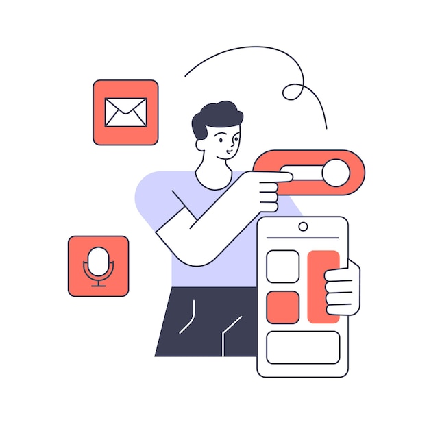 Programmeur Masculin Ajoutant Activer L'application Mobile De Messagerie Et De Microphone Au Logiciel De Téléphone Vecteur Plat