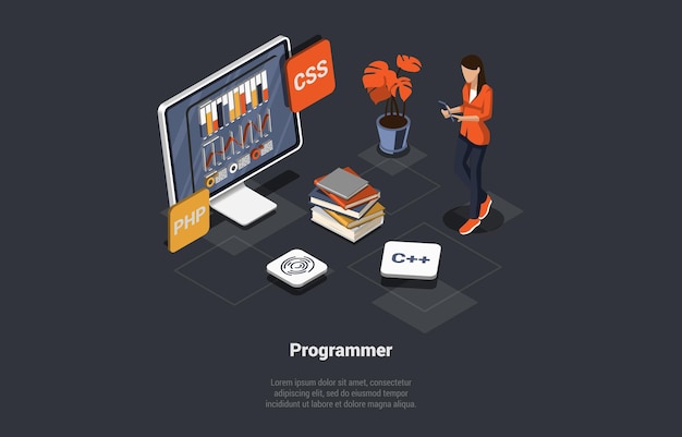 Vecteur le programmeur de processus de codage de développement logiciel ou le développeur web code une application à l'aide d'un écran de langage de programmation css avec graphique et script femme codeur ingénieur illustration vectorielle 3d isométrique