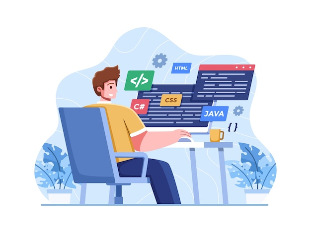 Vecteur le programmeur travaille avec du code pour développer une application ou un site web sur un ordinateur. code d'écriture indépendant