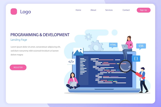 Programmeurs au travail concept Les gens travaillent sur table à l'aide d'ordinateurs portables programmation et codage langages de programmation css html PHP ui Style de modèle vectoriel plat Convient aux pages de destination Web