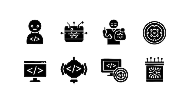 Programming and coding technology icons set with developer and artificial intelligence robot vector illustration