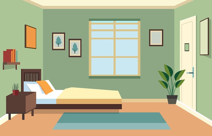 Projet d'appartement de chambre à coucher avec meubles de lit et fenêtre dans une maison simple