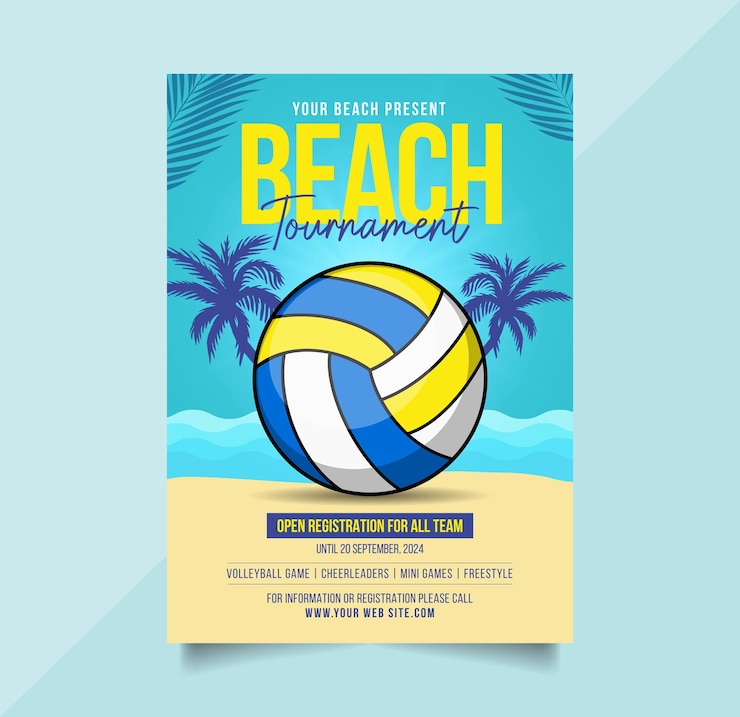 Vecteur projet de modèle de flyer ou d'affiche de volley-ball sur le thème de la plage